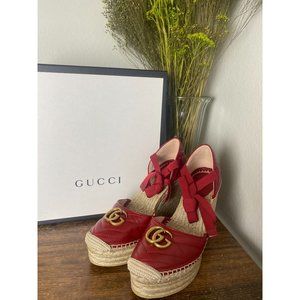 GUCCI Nappa Matelasse GG Marmont Ankle Wrap Platform Espadrille Wedges 39.5 Red